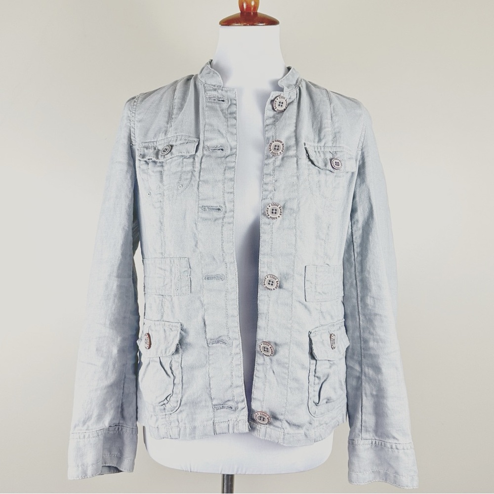 Eddie Bauer Linen Utility Jacket Small Lightweight Cargo Roll Tab Sleeves Gray